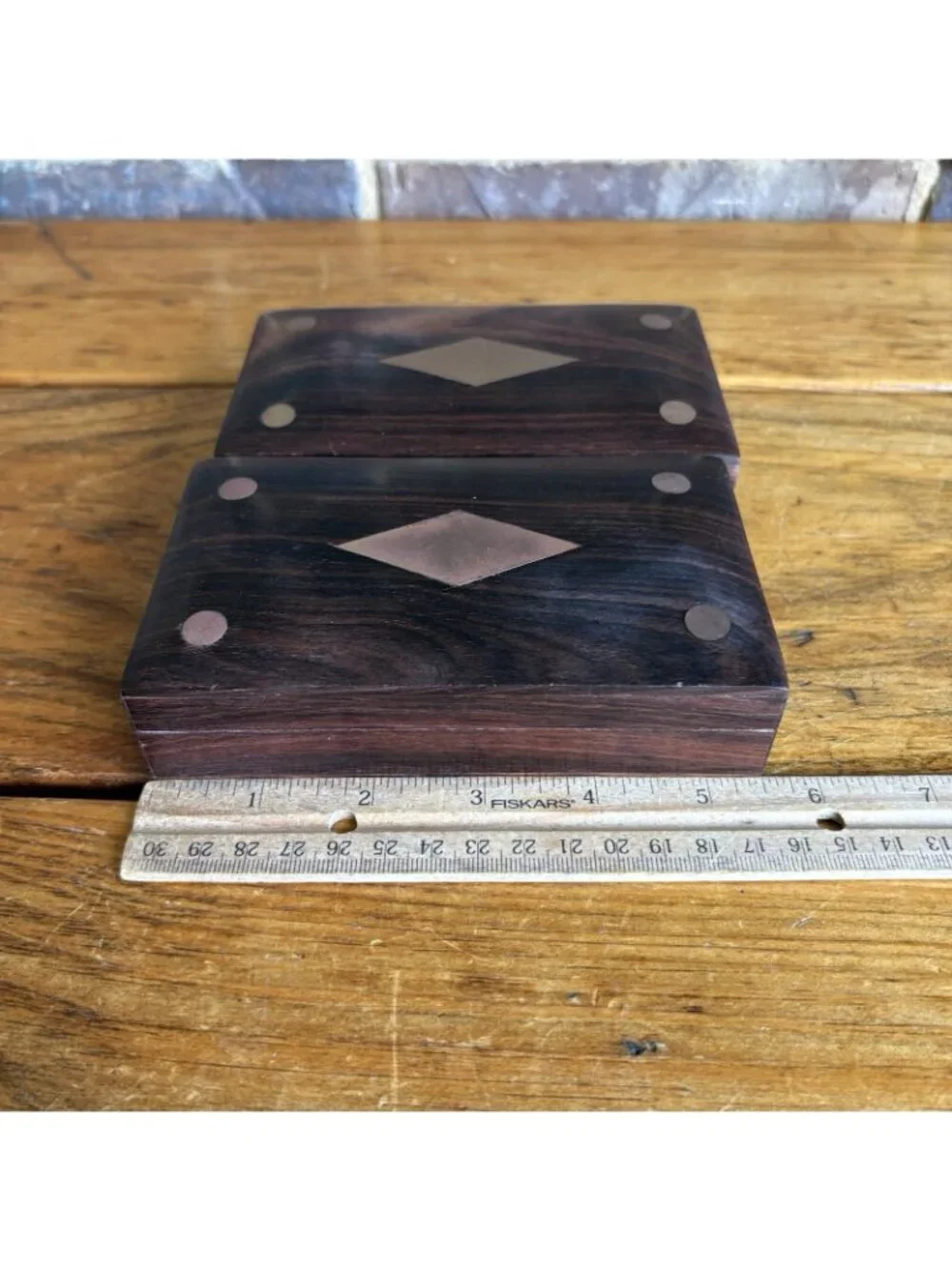 2 Wooden Trinket Boxes Brass Inlay Diamond Top Measurements In Photos
